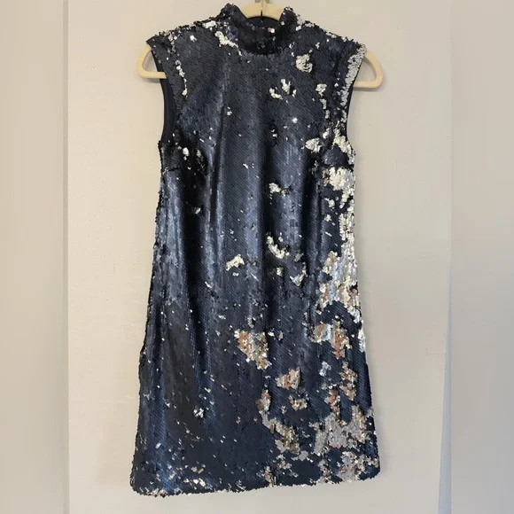 NWT Ali & Jay Double Platinum Metallic Navy & Silver Lined Mock Neck Mini Dress - Picture 3 of 12
